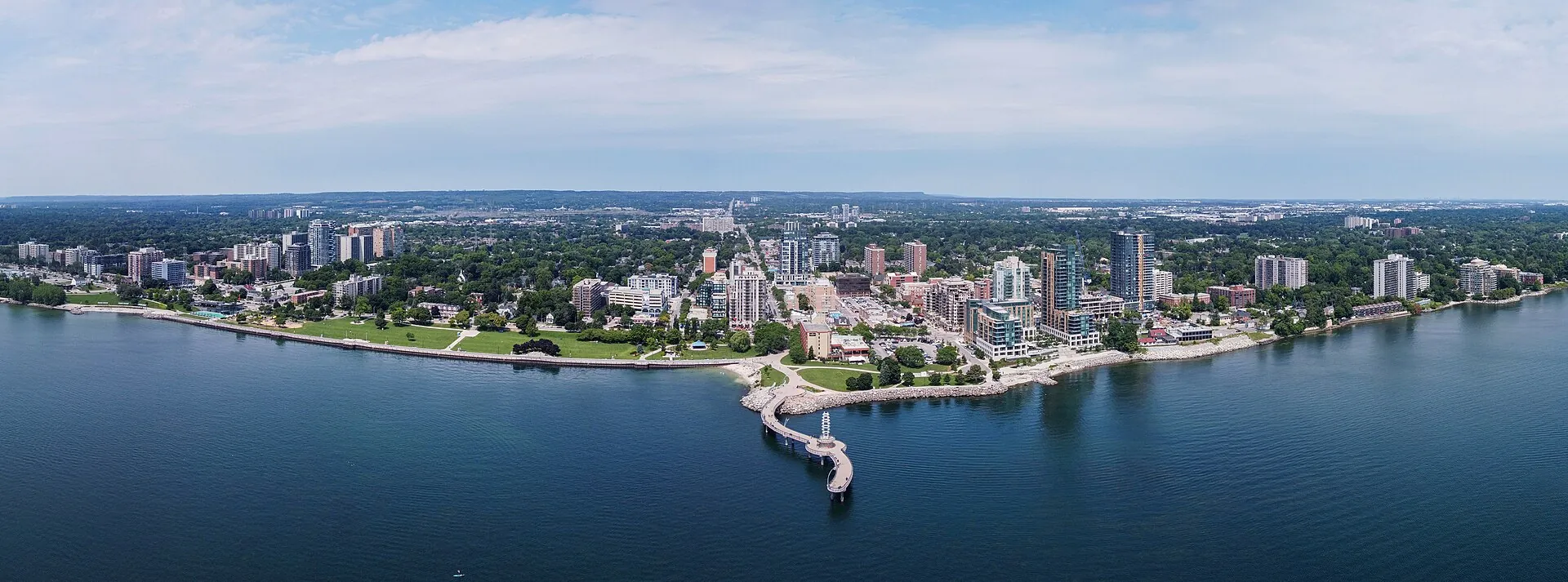 Aerial view across Burlington, from the pier and lakeshore back to the escarpment